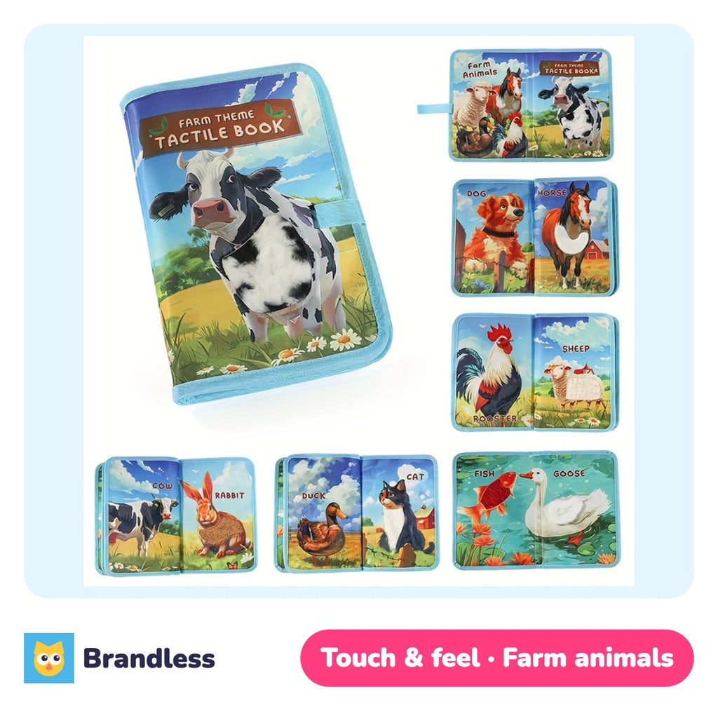 Farm animals touch and feel cloth book for toddlers with cow, horse, rooster and rabbit pages