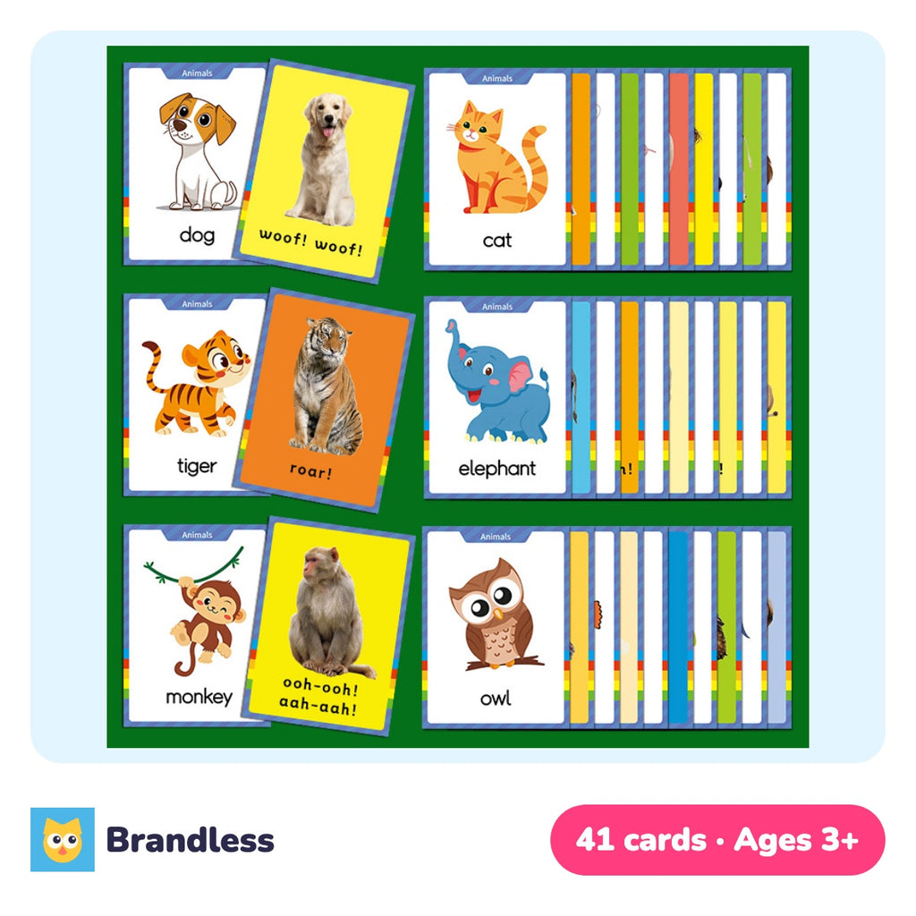 Set of 41 English animal vocabulary cards showing sea, farm and wild animals