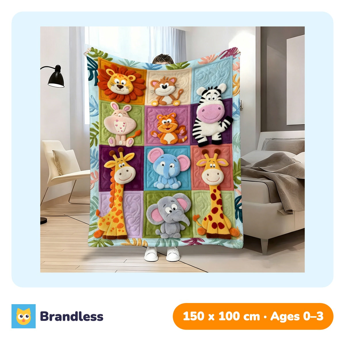 Flannel children's blanket with a patchwork print of forest animals