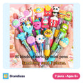 Seven cartoon mini ballpoint pens with four ink colours in each pen