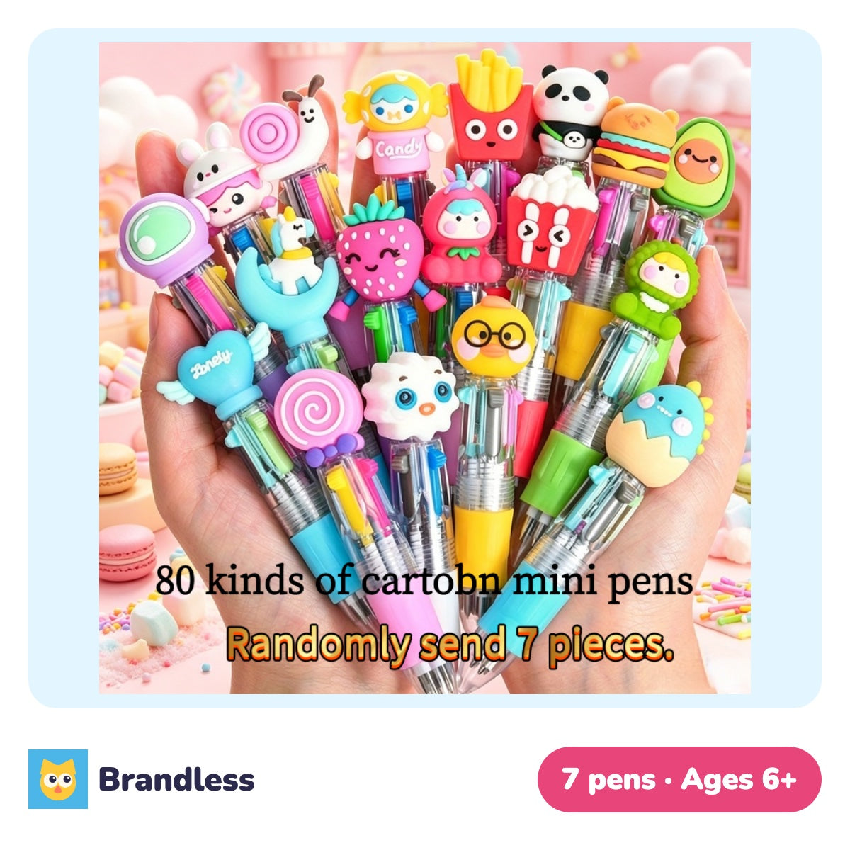 Seven cartoon mini ballpoint pens with four ink colours in each pen