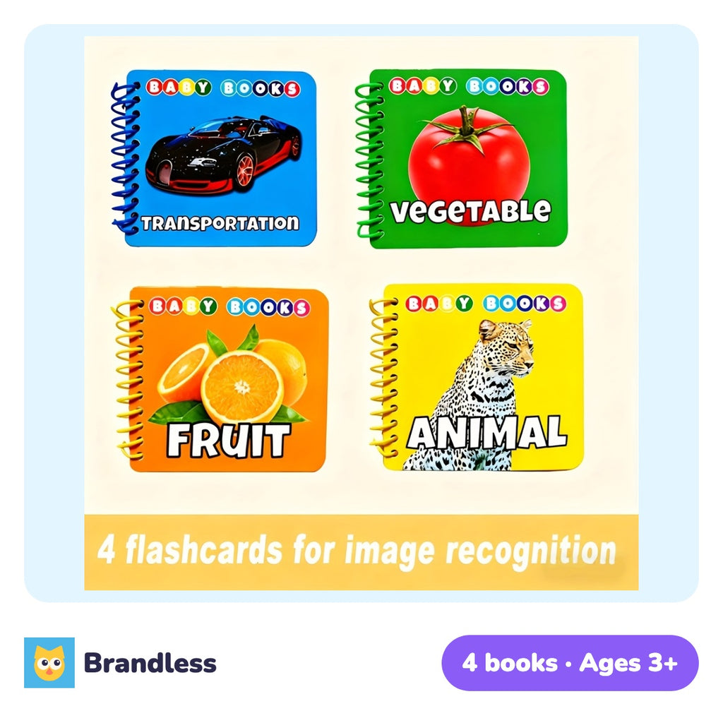 Four hardcover picture recognition books: animals, vehicles, fruits and vegetables