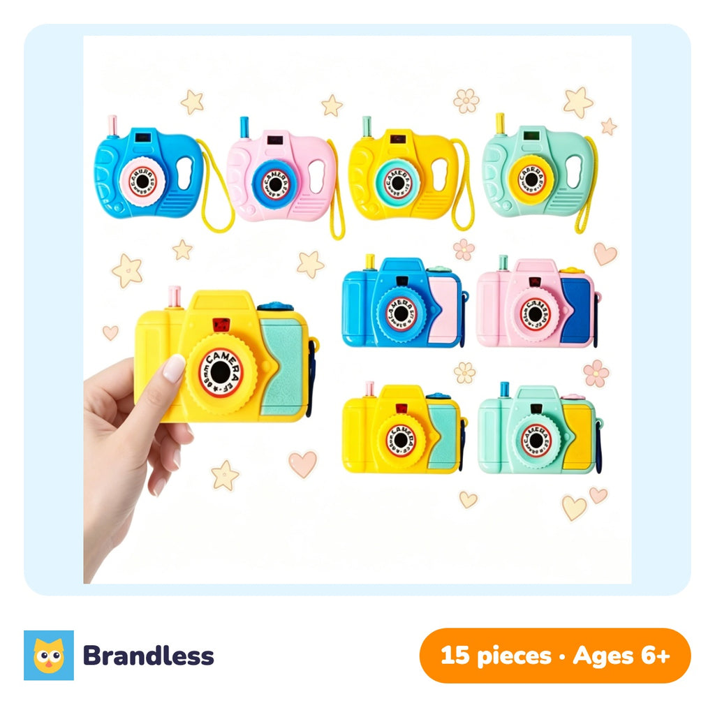 Fifteen colourful mini plastic camera toys for party bags