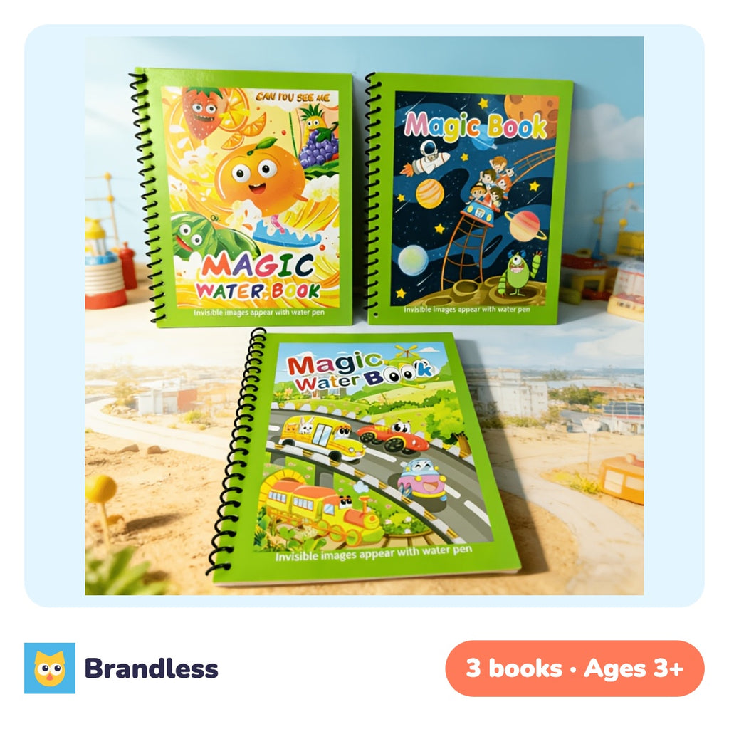 Three reusable magic water colouring books with water pens: fruit, space and transport