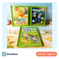 Three reusable magic water colouring books with water pens: fruit, space and transport