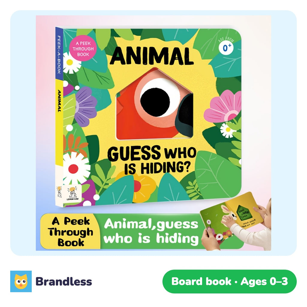 Peek-a-boo animal board book with cut-out holes showing animals hiding behind the pages