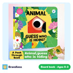 Peek-a-boo animal board book with cut-out holes showing animals hiding behind the pages