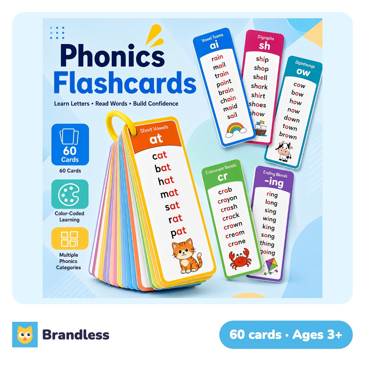 English phonics spelling flashcards for short vowels, blends and digraphs