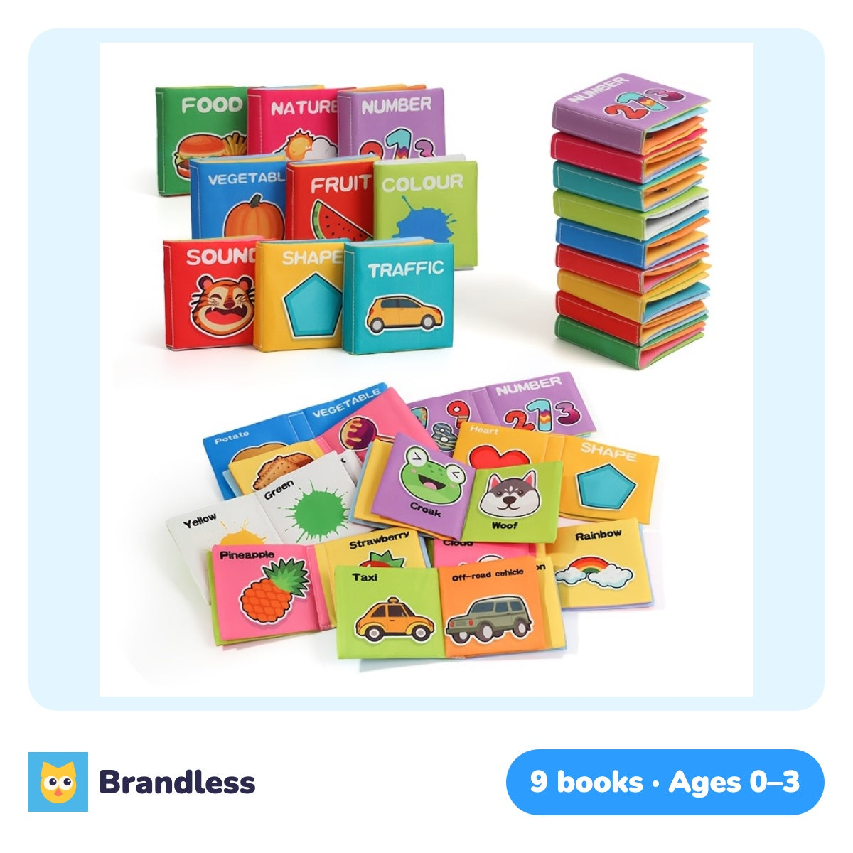 Nine soft high-contrast baby cloth books with rounded corners
