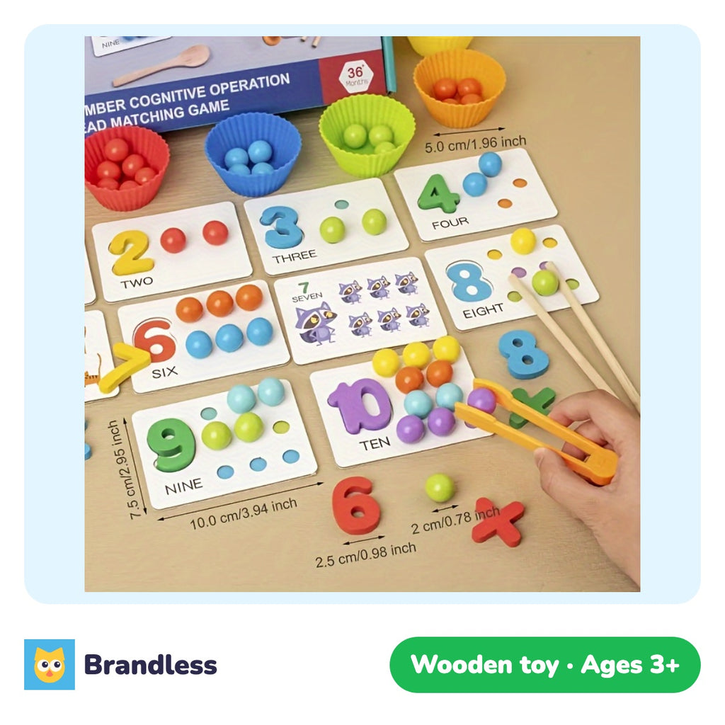 Wooden bead counting and clip game with colour matching cards