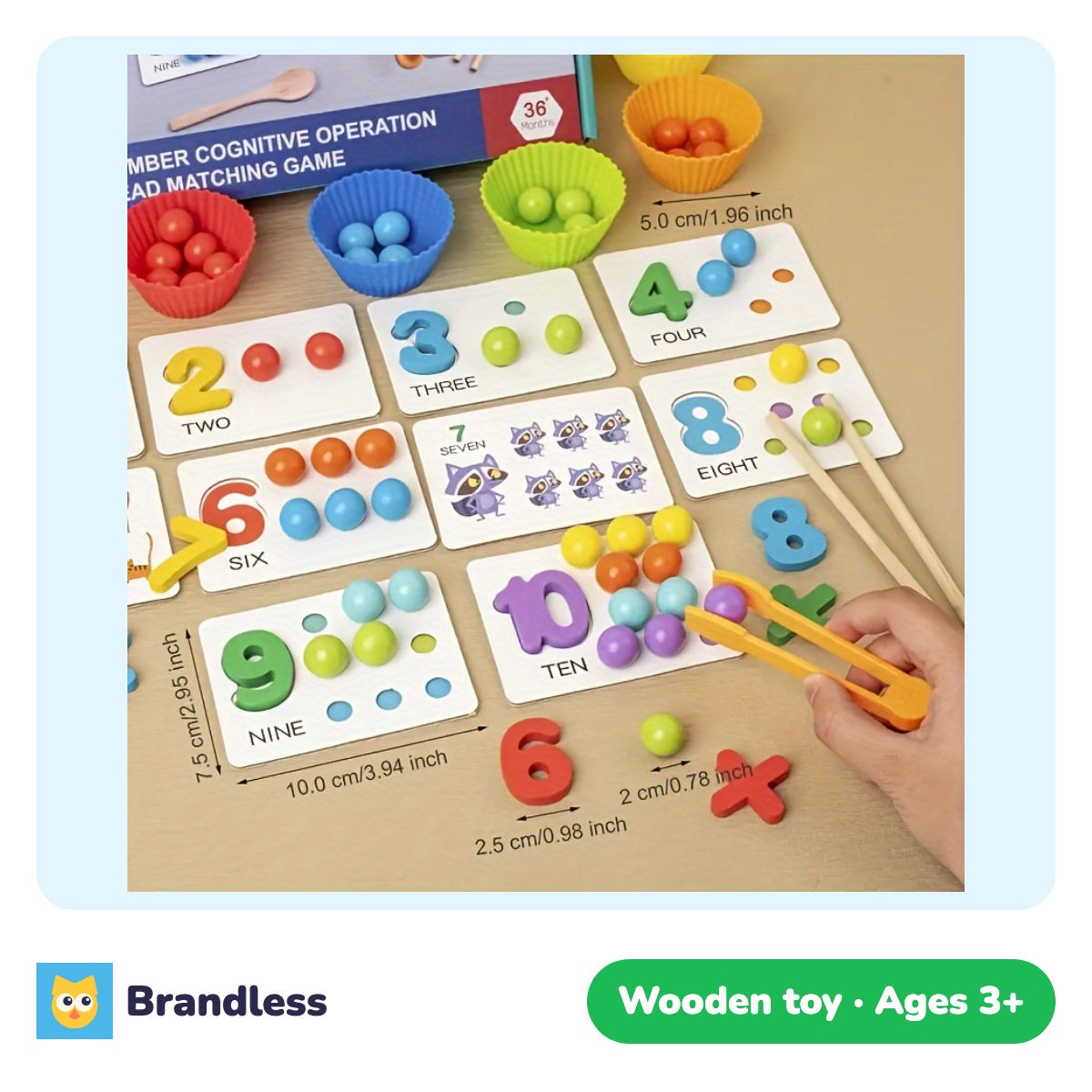 Wooden bead counting and clip game with colour matching cards