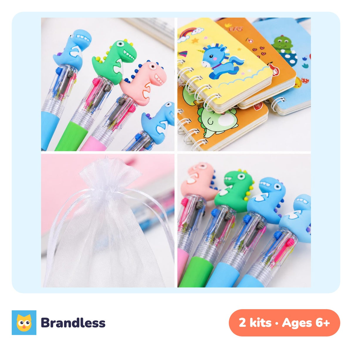 Dinosaur stationery kit with a four-colour pen, mesh pouch and lined notebook