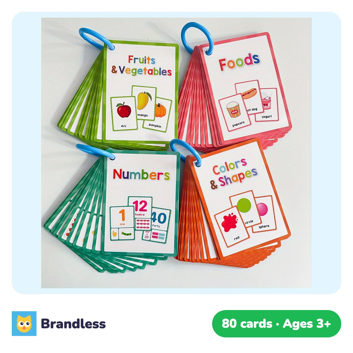 80 English early learning flash cards for colours, shapes, numbers and food