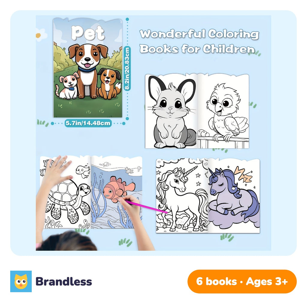 Six children's animal colouring books including zoo, unicorn and dinosaur themes