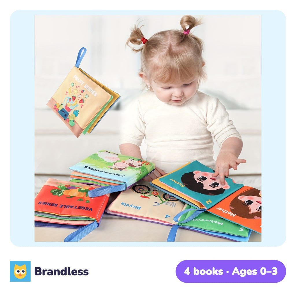 Four soft tear-resistant baby cloth books with colourful pages