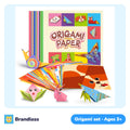 Origami paper set with printed patterns and a step-by-step folding guide