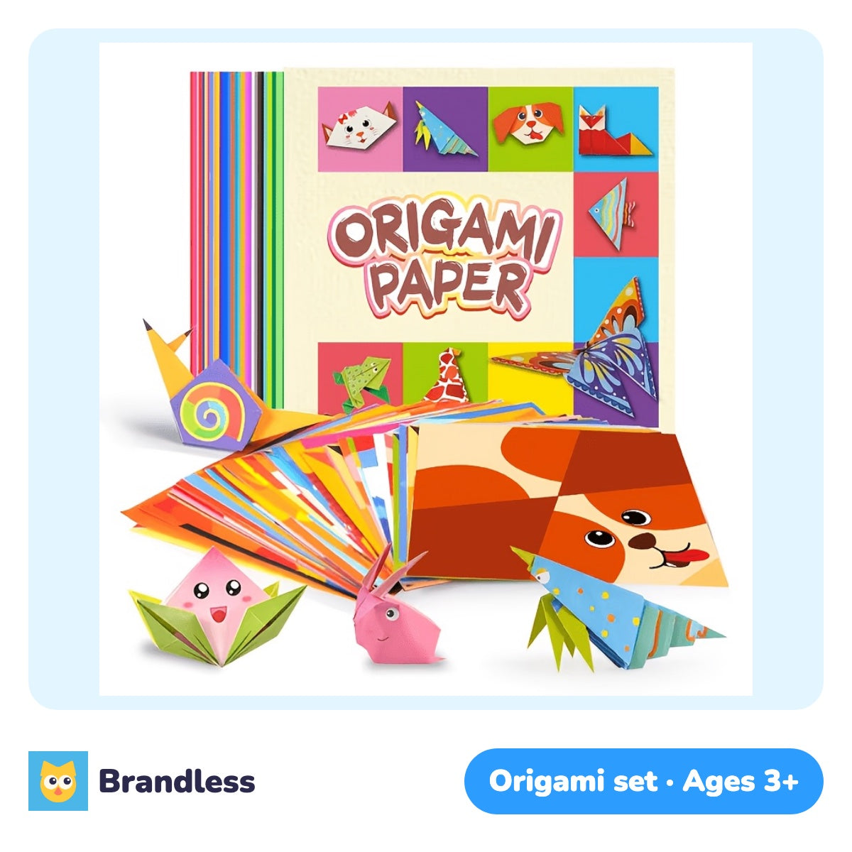 Origami paper set with printed patterns and a step-by-step folding guide