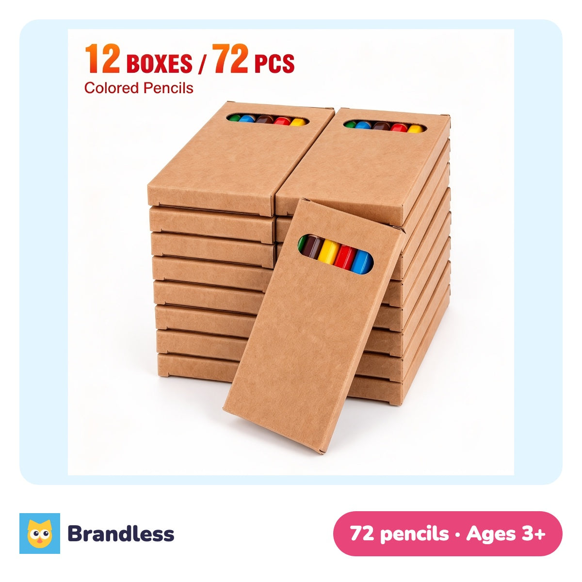 Twelve small boxes of six pre-sharpened coloured pencils