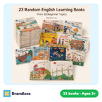 Spread of 23 English picture booklets with audio QR code, 14 by 14 cm