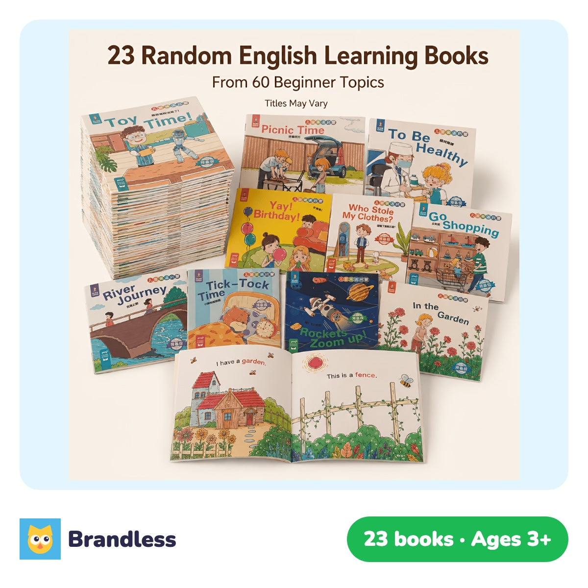 Spread of 23 English picture booklets with audio QR code, 14 by 14 cm
