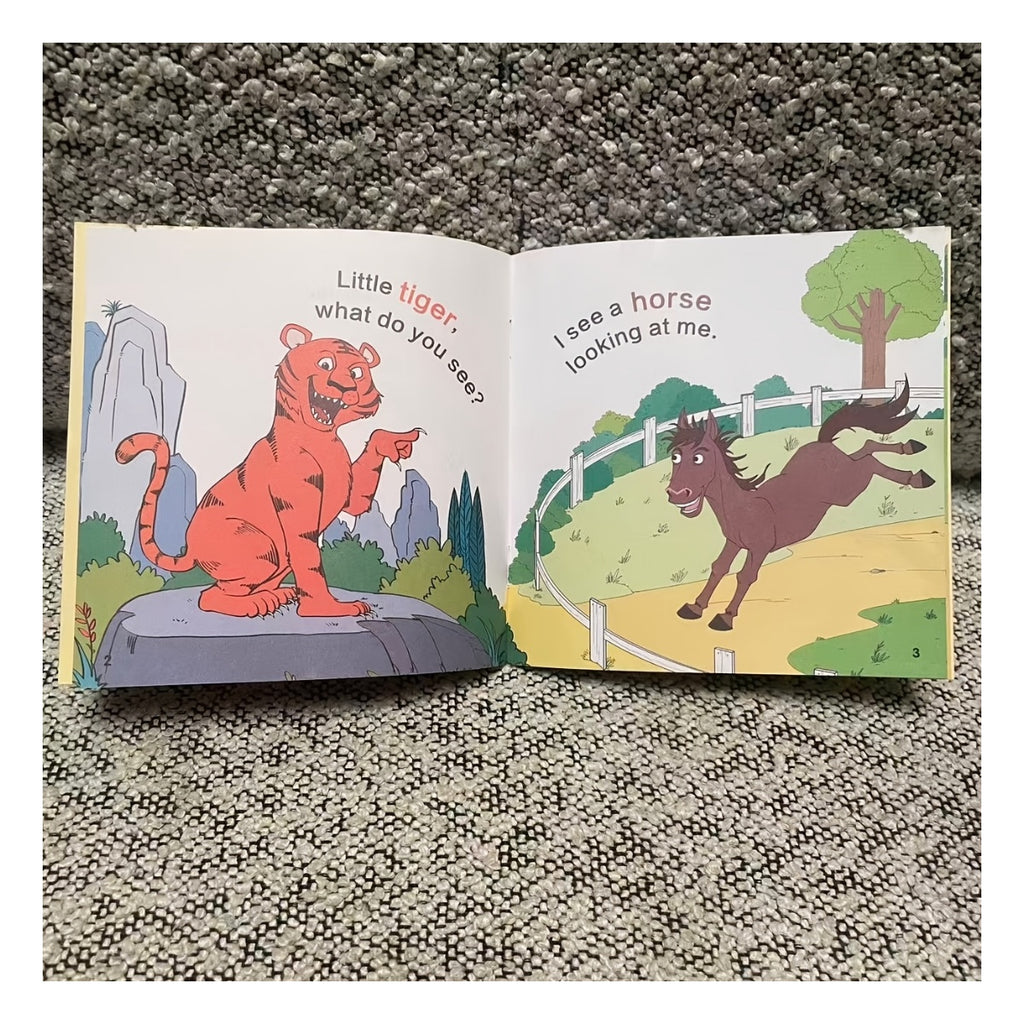 Open picture book: Little tiger, what do you see? I see a horse