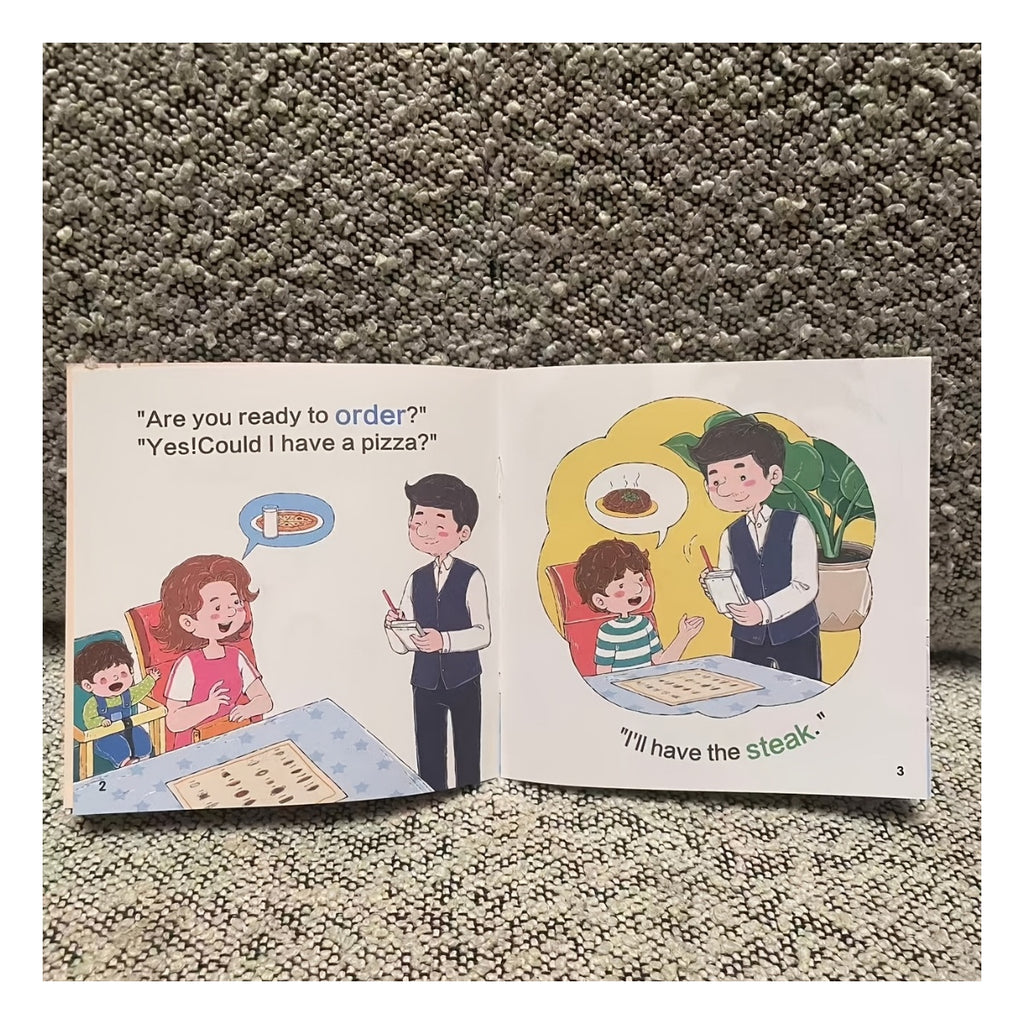 Open picture book about ordering food in a restaurant