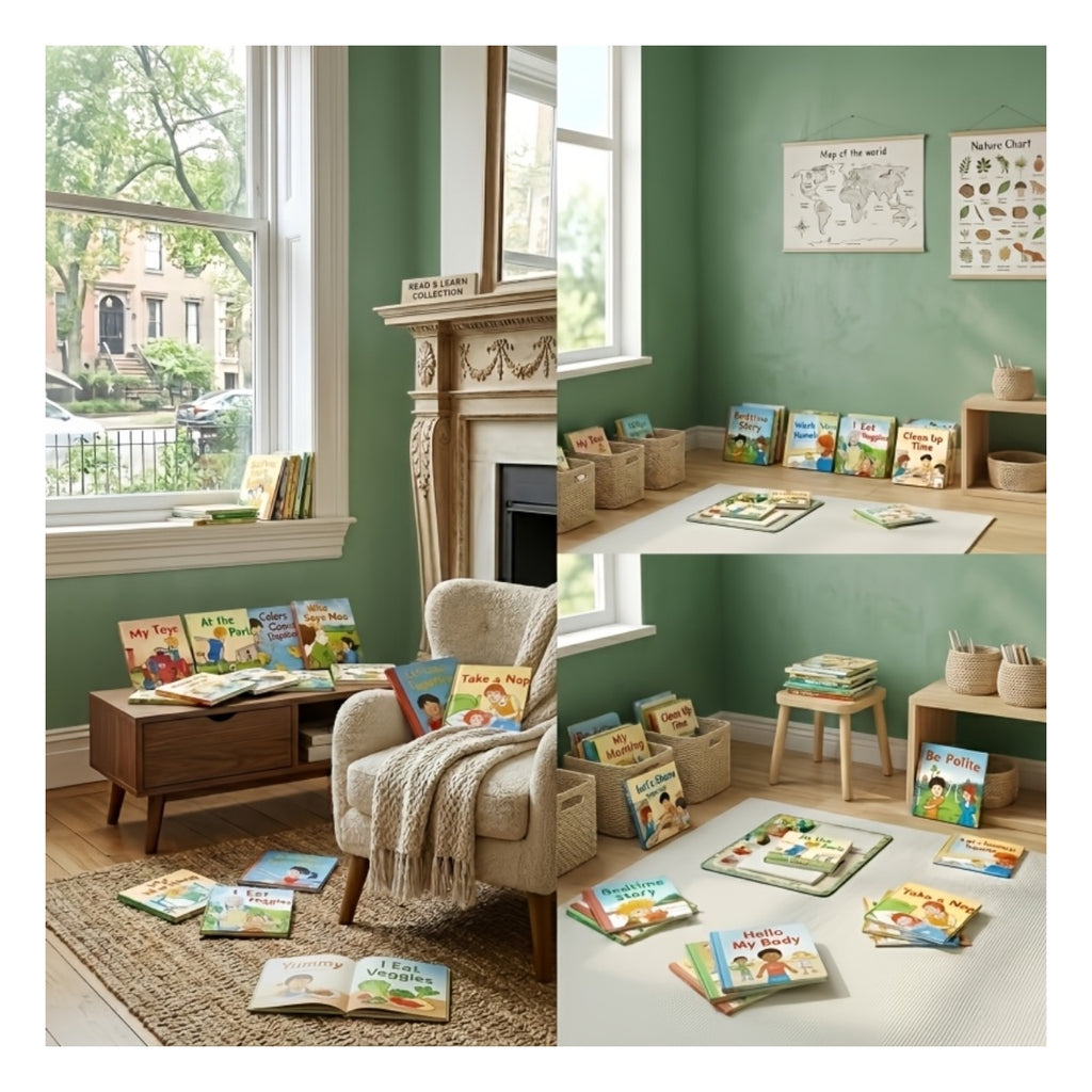 Reading corner with small English storybooks on shelves and the floor