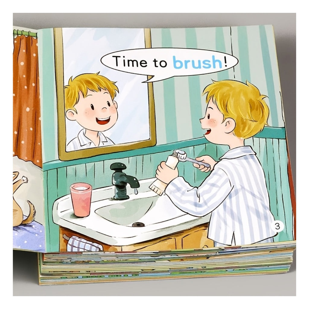 Inside page of a picture book: Time to brush
