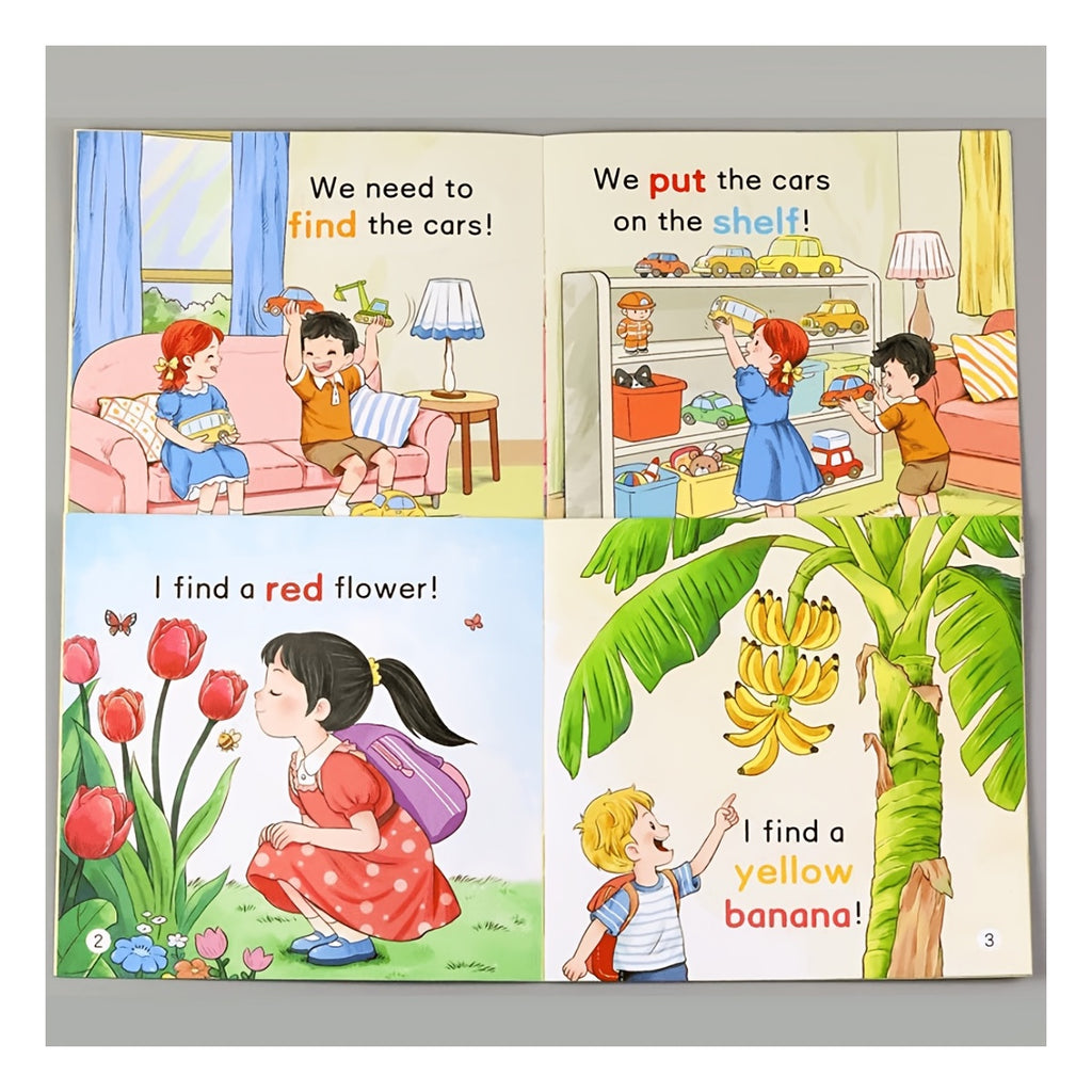 Inside pages with simple sentences such as I find a red flower