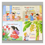 Inside pages with simple sentences such as I find a red flower