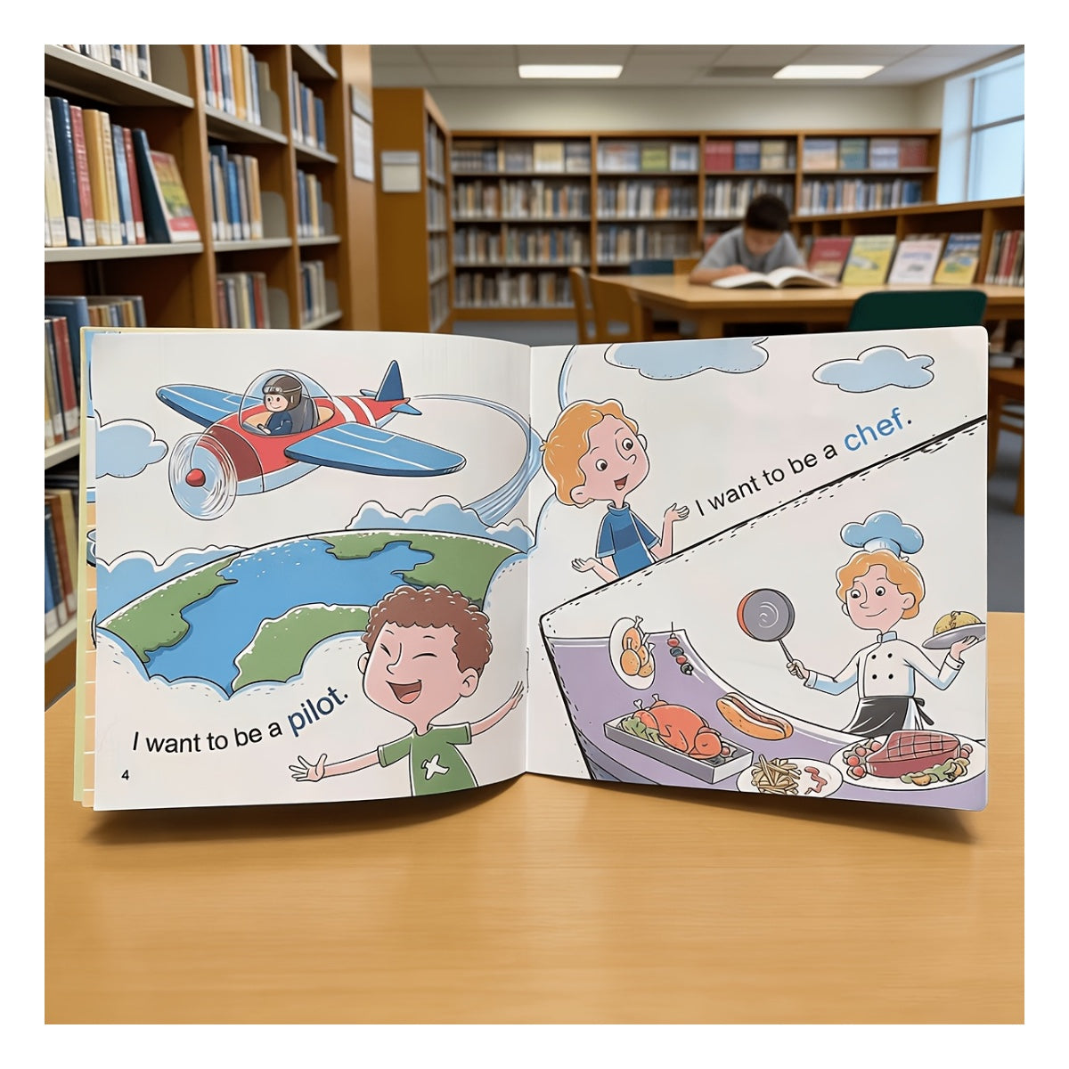 Open picture book on a library table: I want to be a pilot